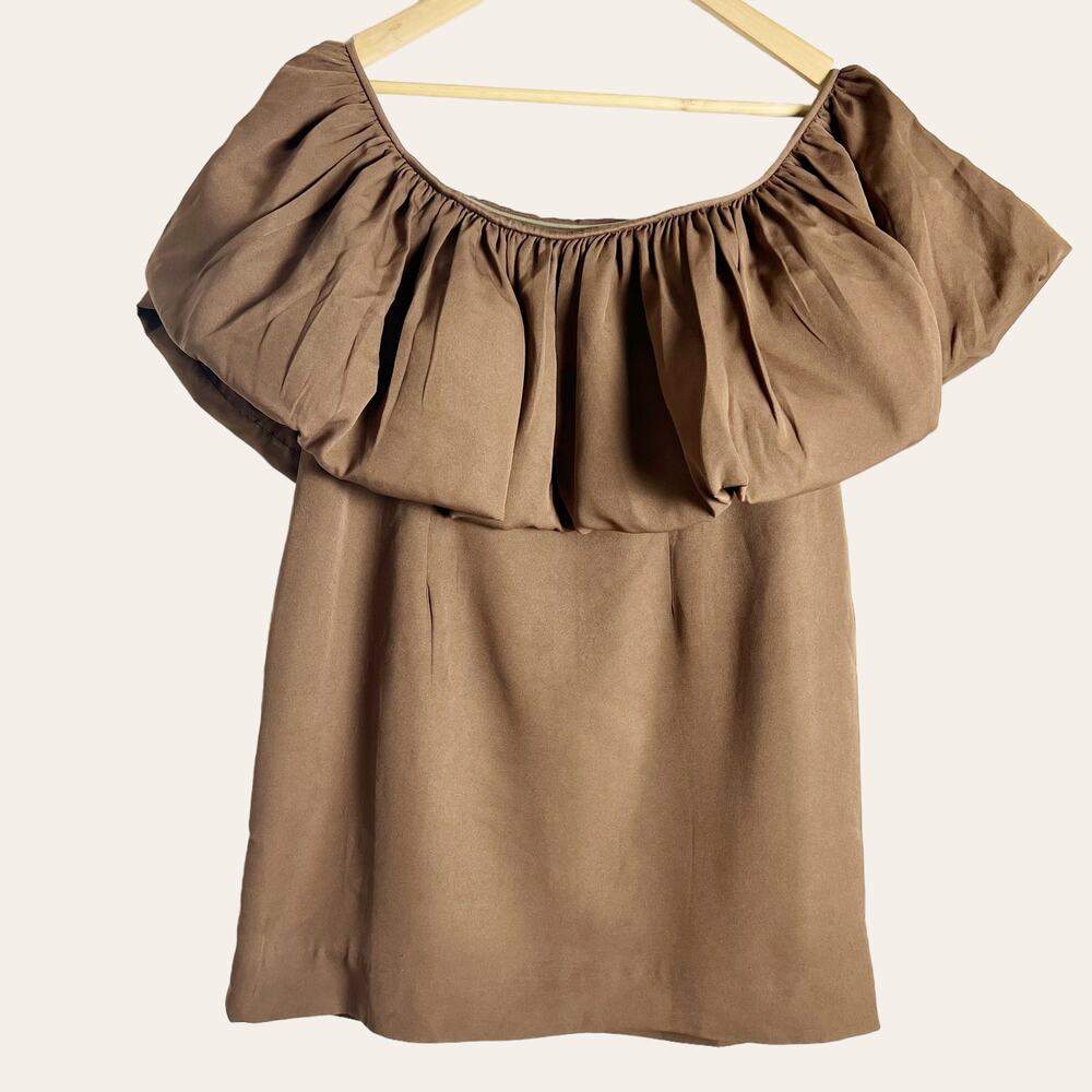 Anthropologie Nikita Mhaisalkar Off-The-Shoulder Bubble Brown Mini Dress Size L - Picture 6 of 14